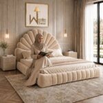 Wooden Twist Amara Shell Luxe Beige Velvet Upholstered Bed with Scallop Headboard Design