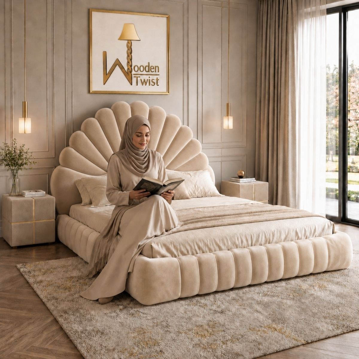 Wooden Twist Amara Shell Luxe Beige Velvet Upholstered Bed with Scallop Headboard Design - Image 2