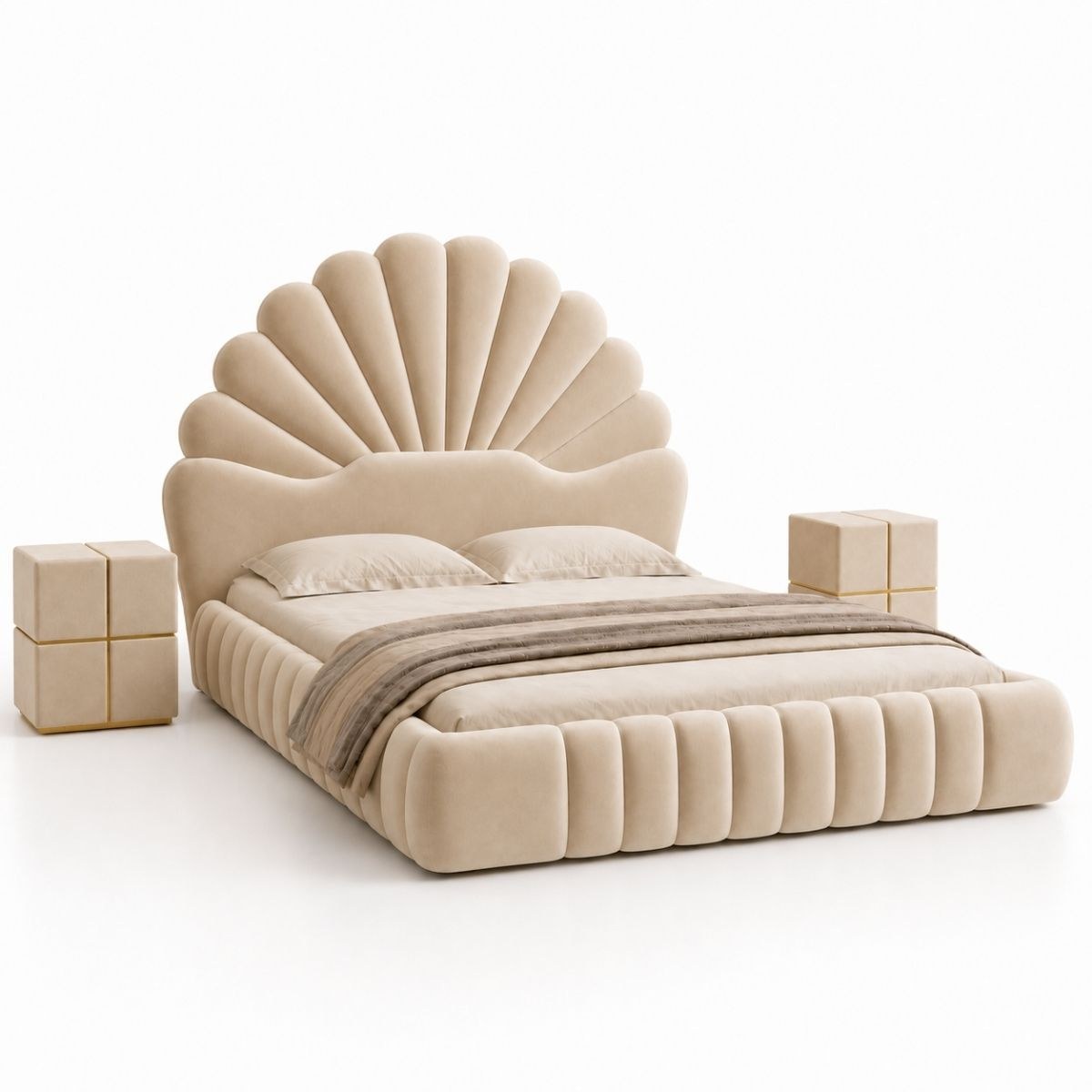 Wooden Twist Amara Shell Luxe Beige Velvet Upholstered Bed with Scallop Headboard Design - Image 4