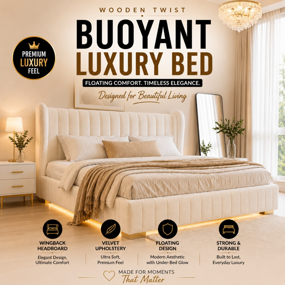 Wooden Twist Buoyant Floating Wingback Velvet Upholstered Luxury Bed with Ambient LED Light in Soft Beige Finish - Image 2