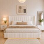 Wooden Twist Buoyant Floating Wingback Velvet Upholstered Luxury Bed with Ambient LED Light in Soft Beige Finish