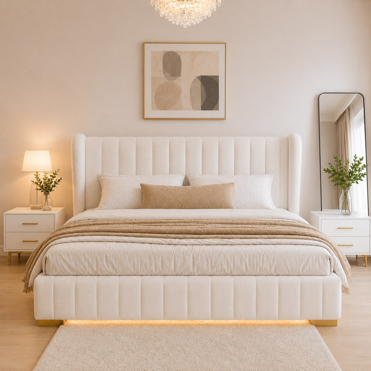 Wooden Twist Buoyant Floating Wingback Velvet Upholstered Luxury Bed with Ambient LED Light in Soft Beige Finish - Image 3