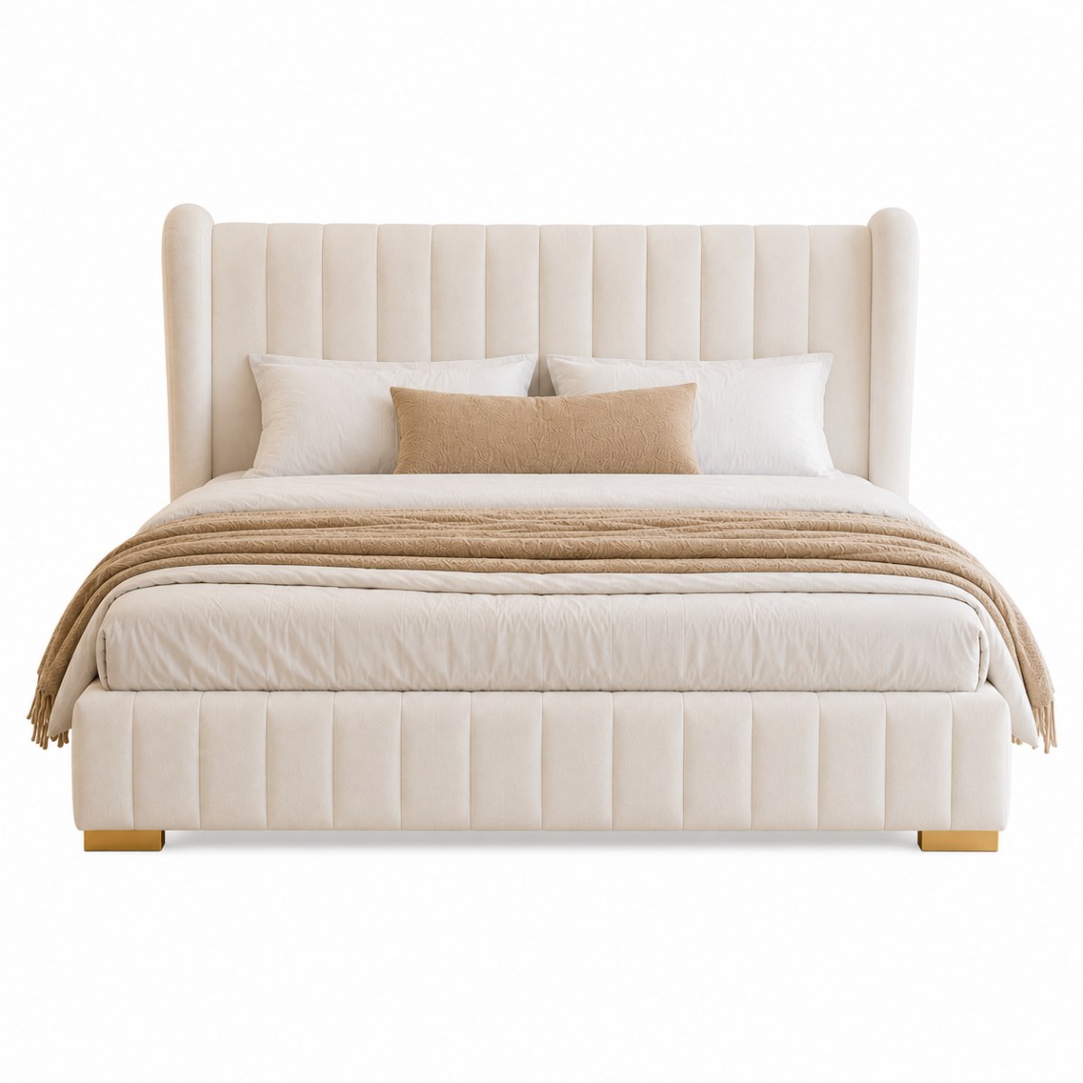 Wooden Twist Buoyant Floating Wingback Velvet Upholstered Luxury Bed with Ambient LED Light in Soft Beige Finish - Image 4