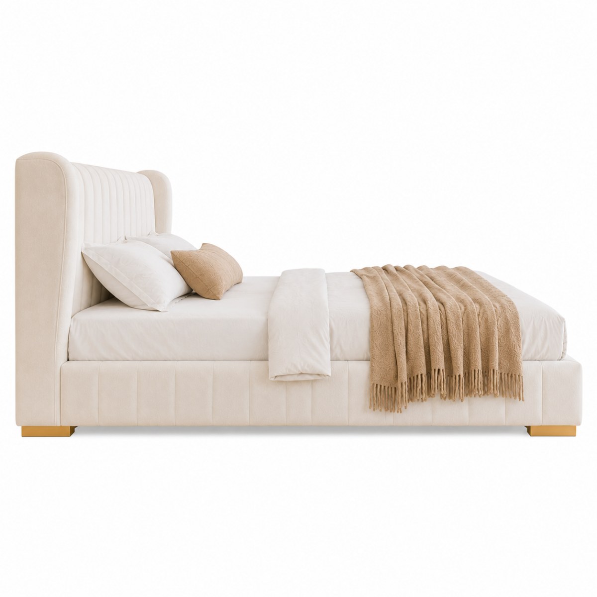 Wooden Twist Buoyant Floating Wingback Velvet Upholstered Luxury Bed with Ambient LED Light in Soft Beige Finish - Image 5
