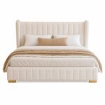 Wooden Twist Buoyant Floating Wingback Velvet Upholstered Luxury Bed with Ambient LED Light in Soft Beige Finish
