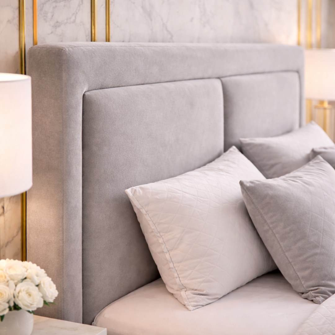Wooden Twist Aurelia Luxury Light Grey Velvet Upholstered Bed with Tall Headboard Modern Designer Bed - Image 4