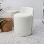 Maple Home Ottoman Boucle Fabric Round Stool with Backrest, White