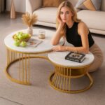 Wooden Twist Rznxz Modern Round Metal Base Marble Top Nesting Coffee Table ( Set of 2)