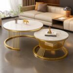 Wooden Twist Rznxz Modern Round Metal Base Marble Top Nesting Coffee Table ( Set of 2)