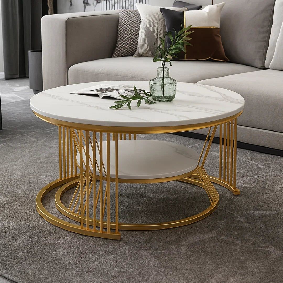 Wooden Twist Rznxz Modern Round Metal Base Marble Top Nesting Coffee Table ( Set of 2) - Image 4