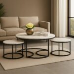 Wooden Twist Vibing Modern Nesting Coffee Table with Metal Base Marble Top (White & Black, Set of 3)