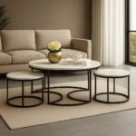 Wooden Twist Vibing Modern Nesting Coffee Table with Metal Base Marble Top (White & Black, Set of 3)