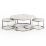 Wooden Twist Vibing Modern Stylish Nesting Coffee Table with Metal Base Marble Top (White & Silver, Set of 3)