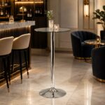 Wooden Twist Round Glass Top Cocktail Bar Table with Chrome Pedestal Base | 60 x 105 cm