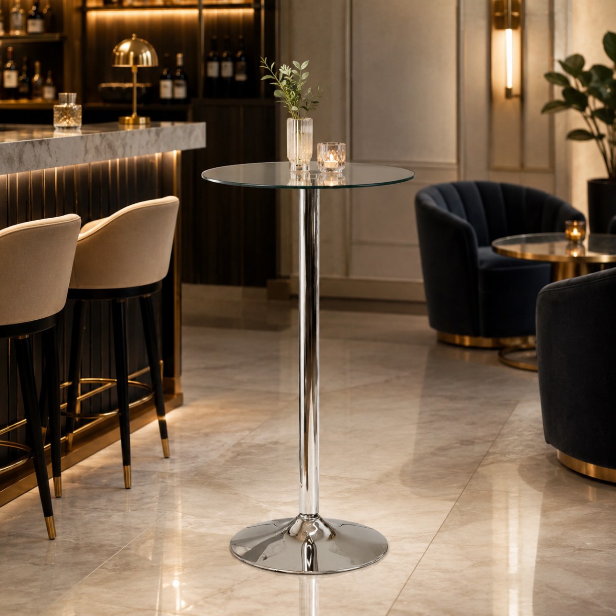 Wooden Twist Round Glass Top Cocktail Bar Table with Chrome Pedestal Base | 60 x 105 cm - Image 2