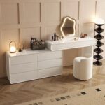 Elara Modern Dressing Table Set with LED Mirror & Stool, Wood Finish Vanity, Off-White