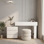 Aster Dressing Table Set with Stool, Wood Finish Vanity, Spacious Storage Drawer. White Color, 3-Drawers