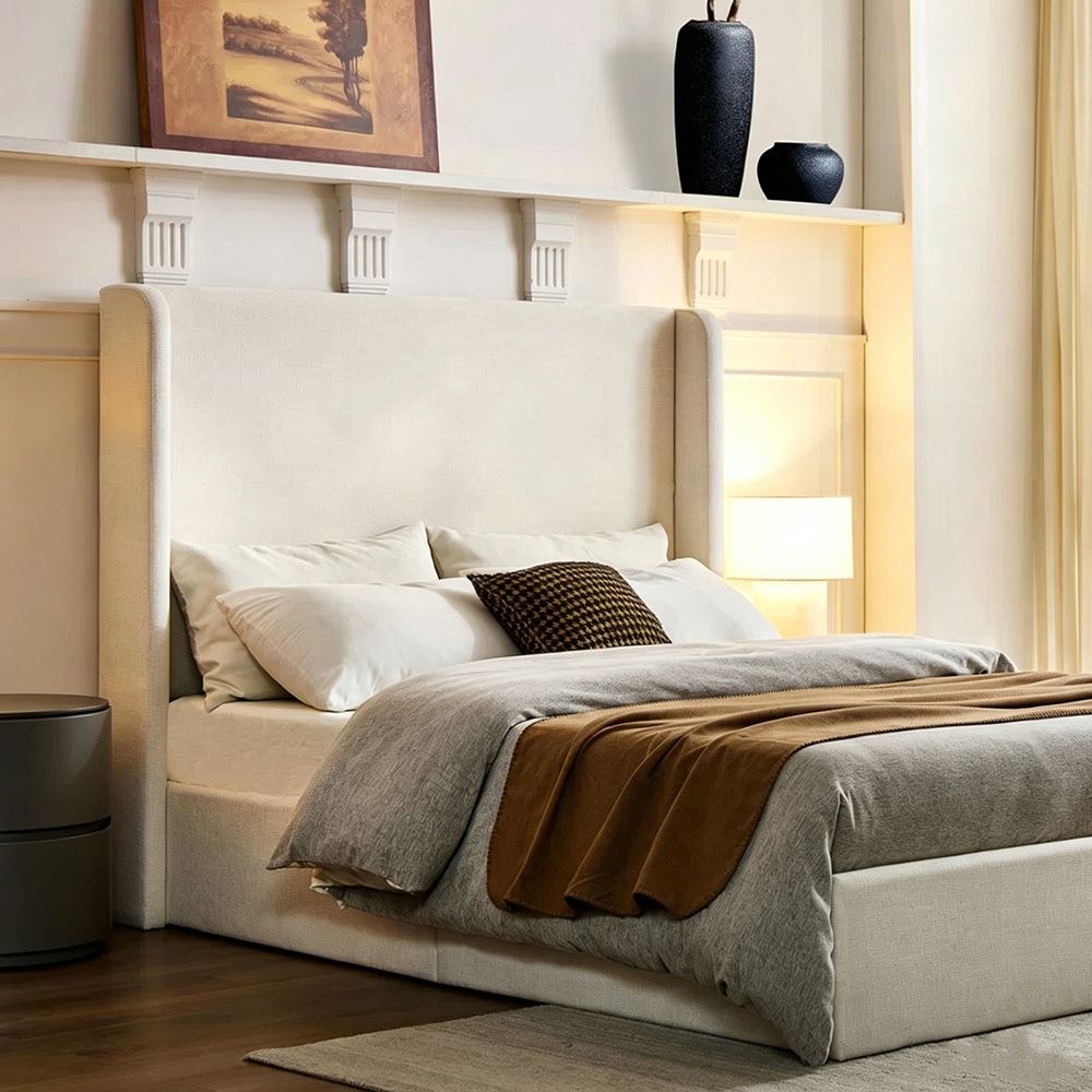 Maple Home Upholstered Platform Bed,King Size Fixed 180*200cm,Beige Fabric Wingback Bed Frame,With Free Installation - Image 2