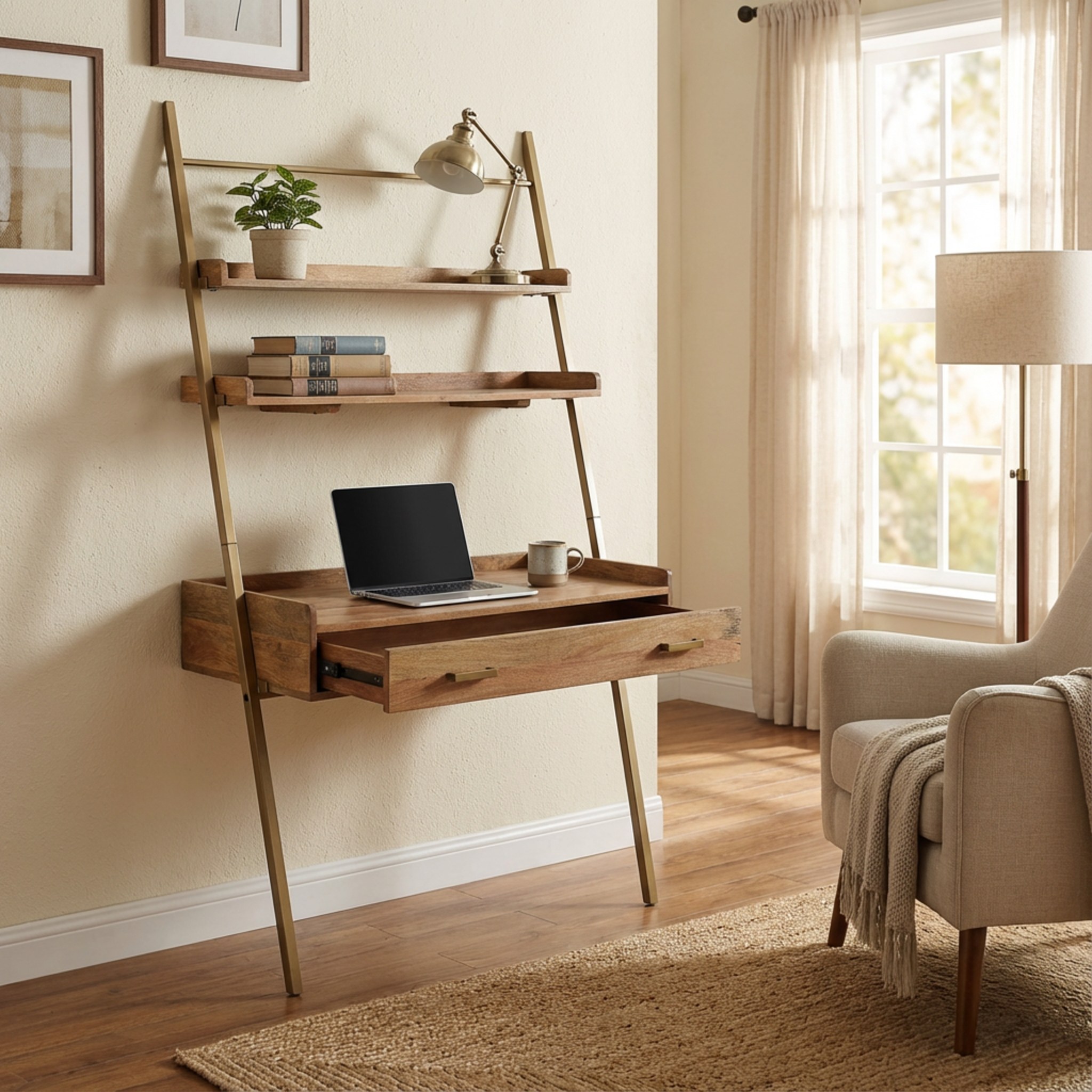 Array Ladder Desk - Natural & Gold