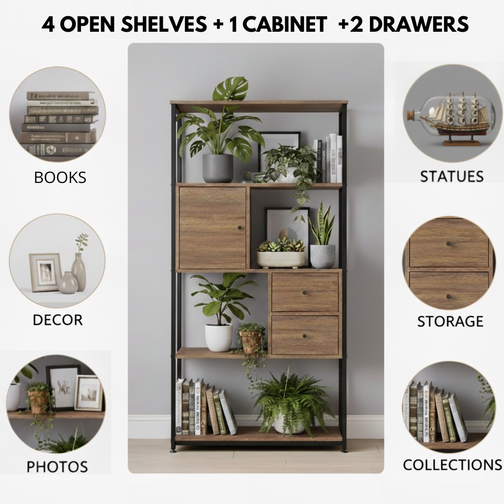 Skyland 4-Tier Industrial Bookshelf with Drawers & Cabinet, Display Shelf Bookcase with Metal Frame, Wood Style Storage Shelving Unit for Living Room, Bedroom, Home Office - Image 2
