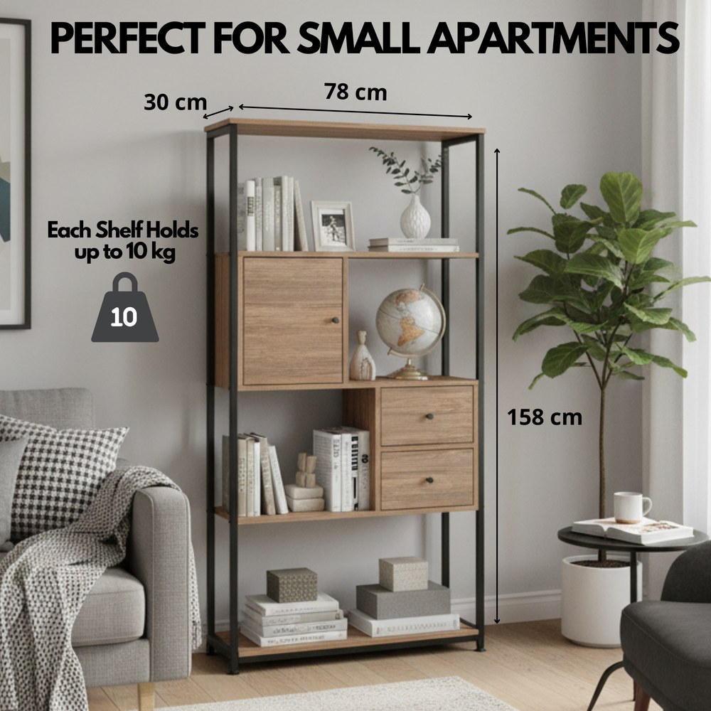 Skyland 4-Tier Industrial Bookshelf with Drawers & Cabinet, Display Shelf Bookcase with Metal Frame, Wood Style Storage Shelving Unit for Living Room, Bedroom, Home Office - Image 3