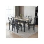 6 seater Rectangular Dining Set | Sturdy Kitchen Marbel Top Table with Pu Leather Chairs | Dining set 1+6 Seater for Home, Dining Room GREY