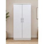 2 Door Wooden Wardrobe Closet with Hanging Space & Shelves, Modern Bedroom Storage Cabinet with Lock