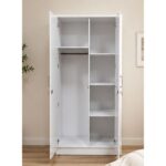 2 Door Wooden Wardrobe Closet with Hanging Space & Shelves, Modern Bedroom Storage Cabinet with Lock