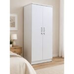 2 Door Wooden Wardrobe Closet with Hanging Space & Shelves, Modern Bedroom Storage Cabinet with Lock