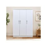 3 Door Wooden Wardrobe Closet with Hanging Space & Shelves, Modern Bedroom Storage Cabinet with Lock