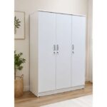 3 Door Wooden Wardrobe Closet with Hanging Space & Shelves, Modern Bedroom Storage Cabinet with Lock