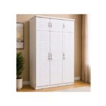 Ashu 3 Door Wooden Wardrobe Closet with Hanging Space & Shelves, Modern Bedroom Storage Cabinet with Lock