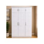 Ashu 3 Door Wooden Wardrobe Closet with Hanging Space & Shelves, Modern Bedroom Storage Cabinet with Lock