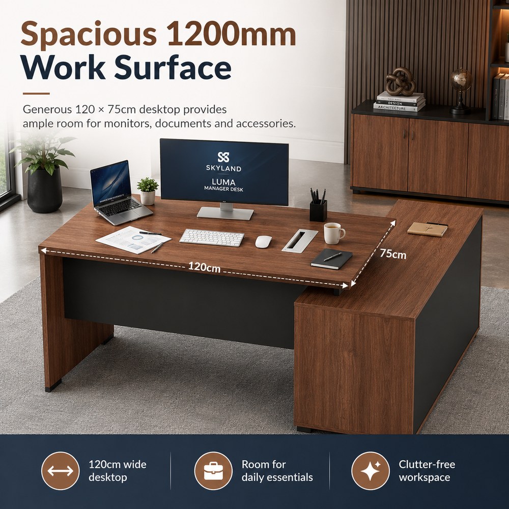 Skyland Luma Manager Desk 120cm Executive Office Table, Walnut Finish Computer Workstation with Spacious Worktop, Modern Home Office Writing Desk (Self Installation) - Image 3