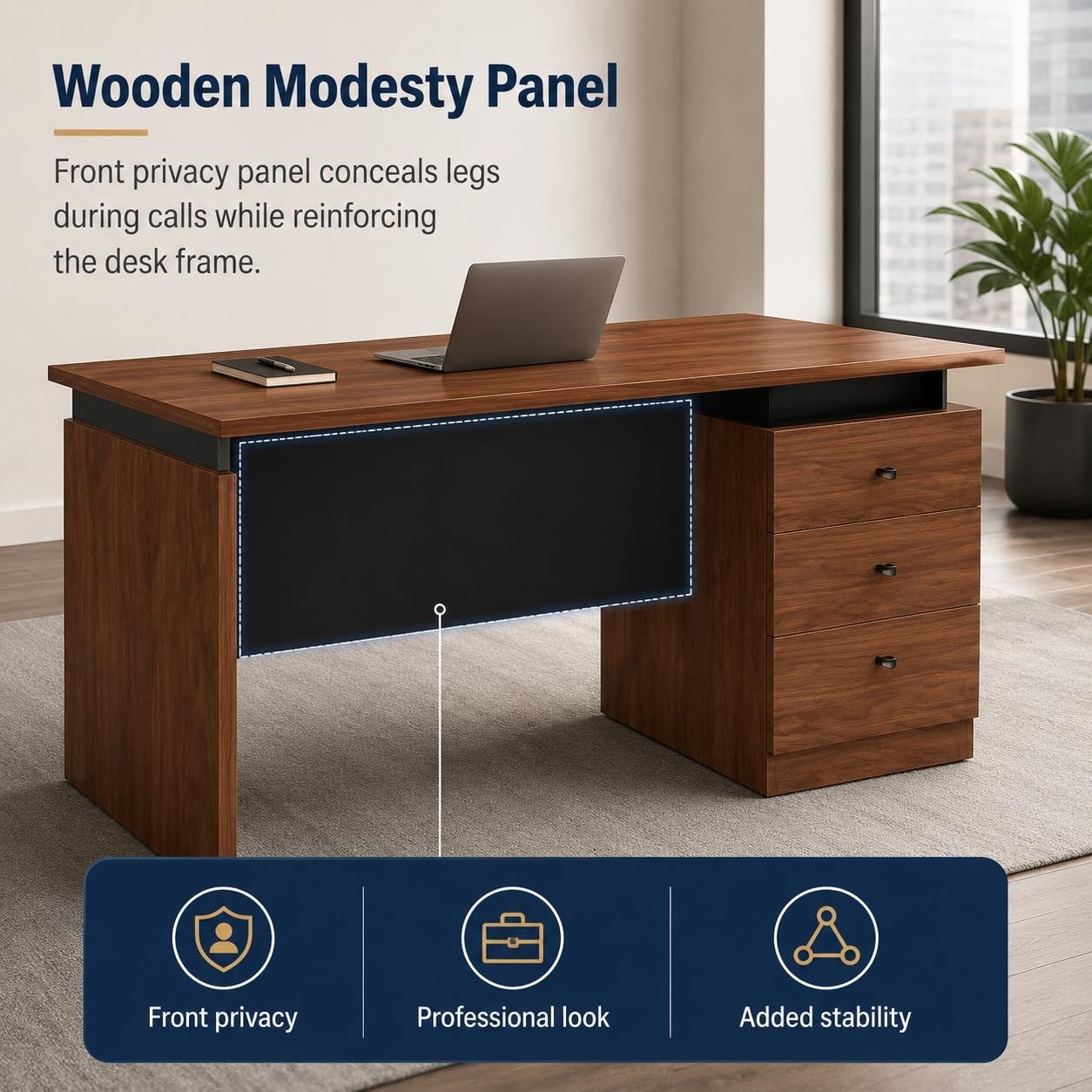 Skyland Luma Executive Office Side Table 9721A, Walnut Wood Finish, Compact Coffee/Meeting Table for Home Office, Reception Lounge, 143cm Length (Self Installation) - Image 4