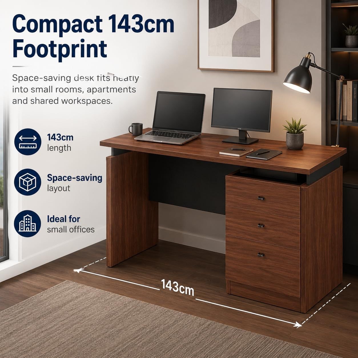 Skyland Luma Executive Office Side Table 9721A, Walnut Wood Finish, Compact Coffee/Meeting Table for Home Office, Reception Lounge, 143cm Length (Self Installation) - Image 5