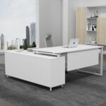 Skyland Novo L-Shaped Executive Office Desk with Storage, Modern Computer Workstation Table, Metal O-Leg Frame, White Top/Grey Legs, 180cm Length (Self Installation)