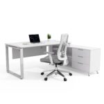 Skyland Novo L-Shaped Executive Office Desk with Storage, Modern Computer Workstation Table, Metal O-Leg Frame, White Top/Grey Legs, 180cm Length (Self Installation)