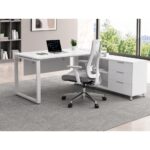 Skyland Novo L-Shaped Executive Office Desk with Storage, Modern Computer Workstation Table, Metal O-Leg Frame, White Top/Grey Legs, 180cm Length (Self Installation)