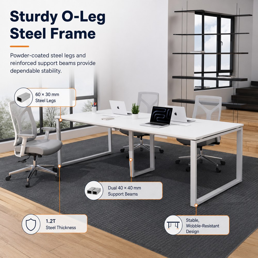 Skyland Novo Meeting Table 2400mm, Large Conference Table for Boardroom Office, White Top with Grey O-Legs, Modesty Panel, Seats 8-10 People (Self Installation) - Image 2