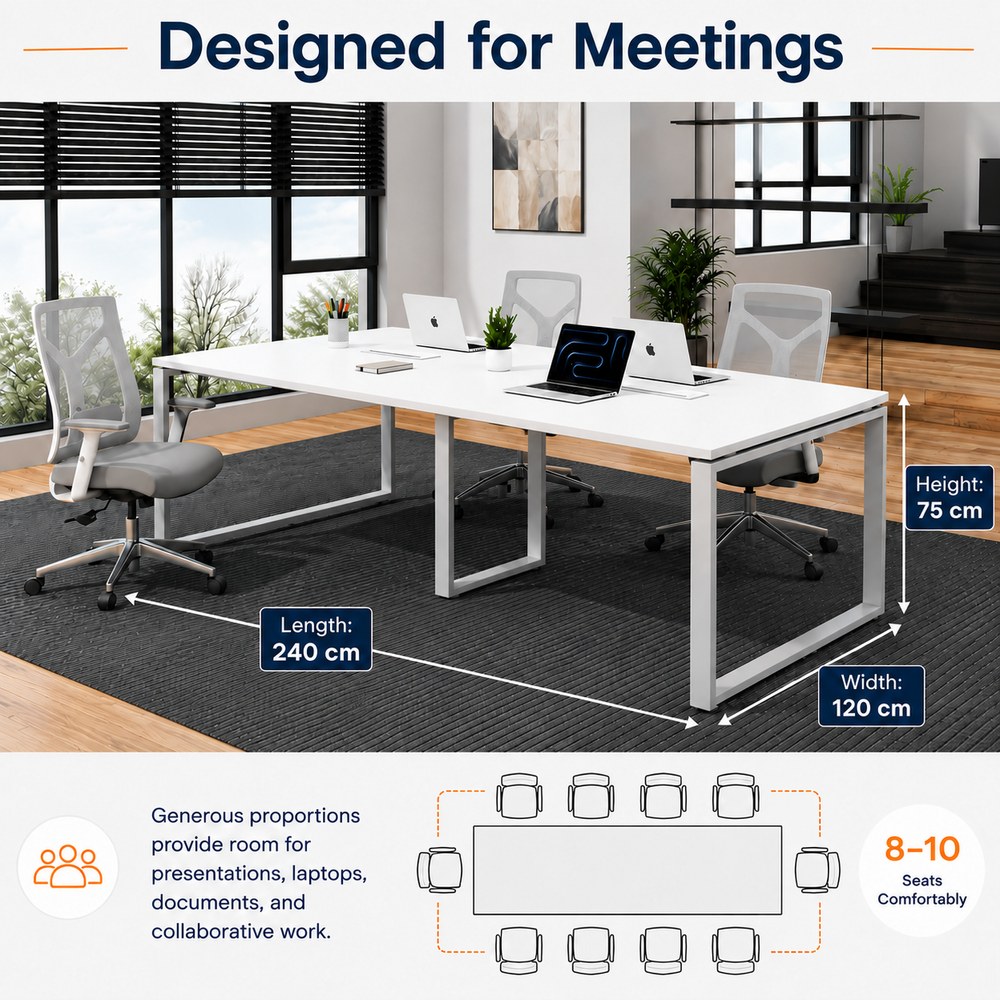 Skyland Novo Meeting Table 2400mm, Large Conference Table for Boardroom Office, White Top with Grey O-Legs, Modesty Panel, Seats 8-10 People (Self Installation) - Image 4
