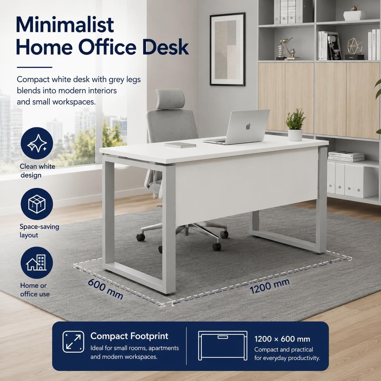 Skyland Novo Rectangular Office Desk, Computer Workstation Table with Cable Grommets, O-Leg Steel Frame, Modesty Panel, Premium White Top/Grey Legs, 120x60cm (Self Installation) - Image 3