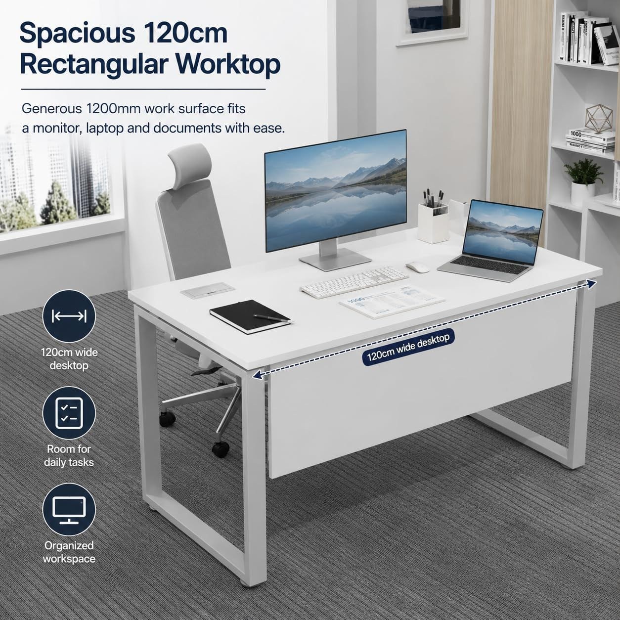 Skyland Novo Rectangular Office Desk, Computer Workstation Table with Cable Grommets, O-Leg Steel Frame, Modesty Panel, Premium White Top/Grey Legs, 120x60cm (Self Installation) - Image 4