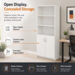 Skyland Simple Storage Cabinet with Wooden Doors, 5-Tier Tall Office Filing Bookcase, Lockable Document Organizer, White Finish, 770x375x1817mm, SR-5W.5 (Self Installation)