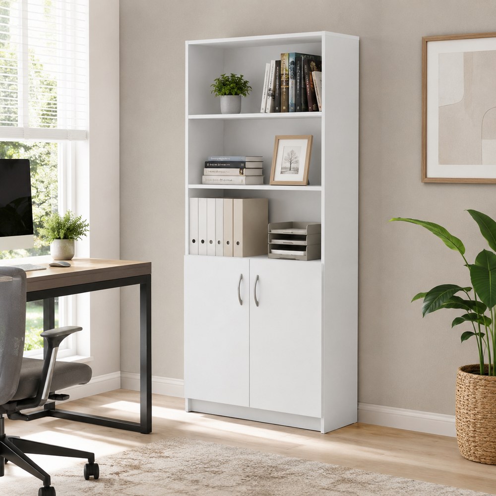 Skyland Simple Storage Cabinet with Wooden Doors, 5-Tier Tall Office Filing Bookcase, Lockable Document Organizer, White Finish, 770x375x1817mm, SR-5W.5 (Self Installation) - Image 4