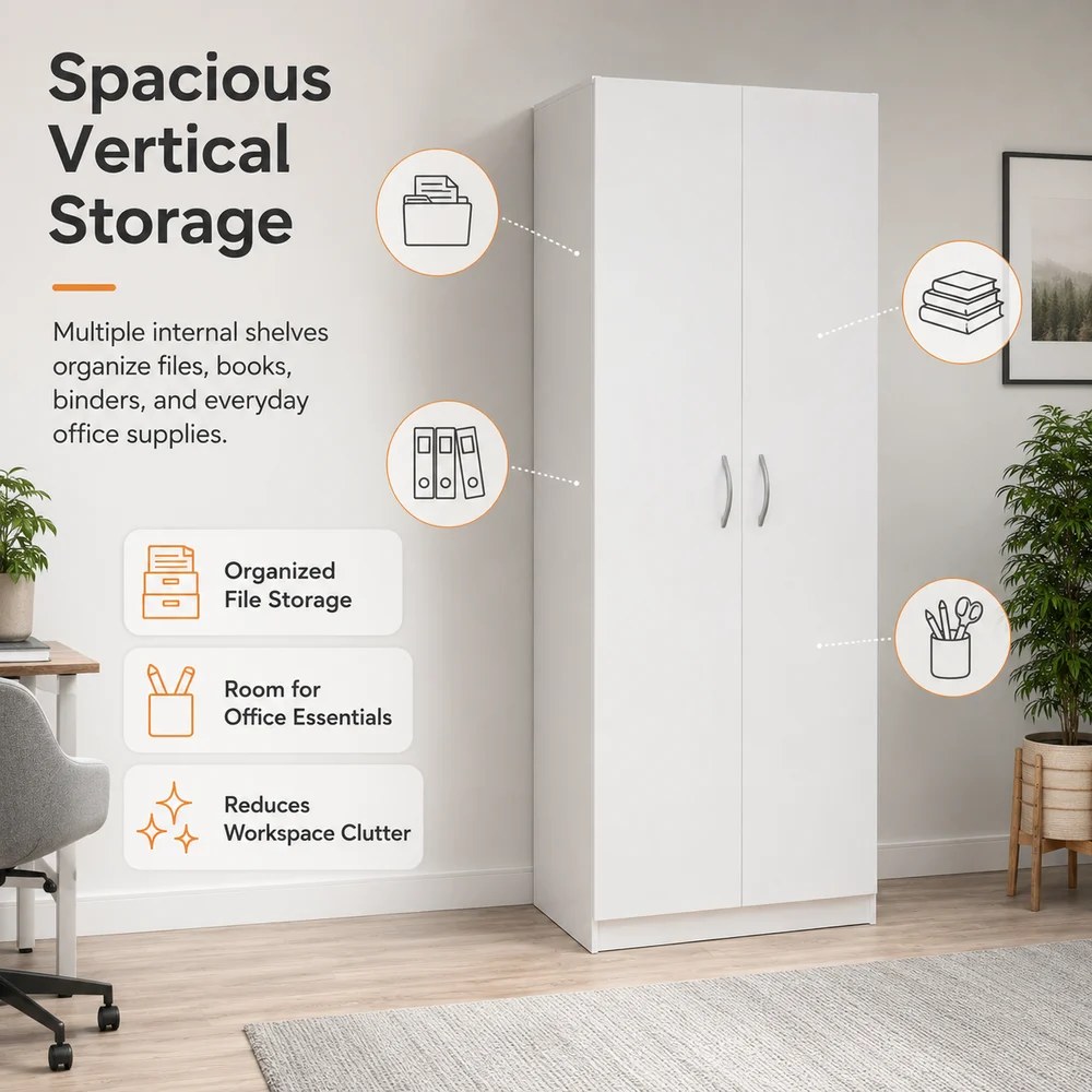 Skyland SIMPLE Storage Cabinet with Wooden Doors, Tall Office Filing Cabinet, 5-Tier Bookcase, Lockable Wood Storage, White Finish, 770 x 375 x 1817 mm, SR-5W.1 (Self Installation) - Image 3