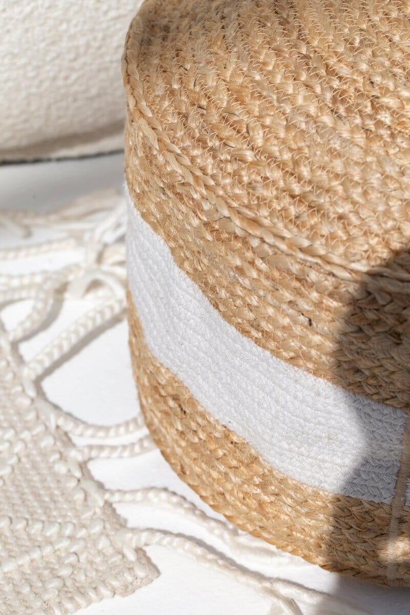 White Natural Jute & Cotton Pouf - Image 4