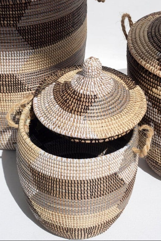 Maisha Brown, Beige, & Cream Spiral Patterned Handmade Basket - Image 2
