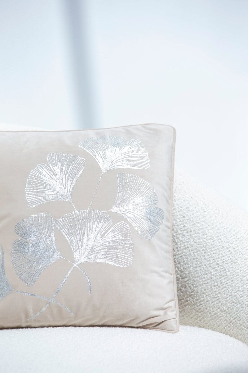 Beige Polyester Cushion Cover With Metallic Silver Flowers (45x45CM) - Image 2