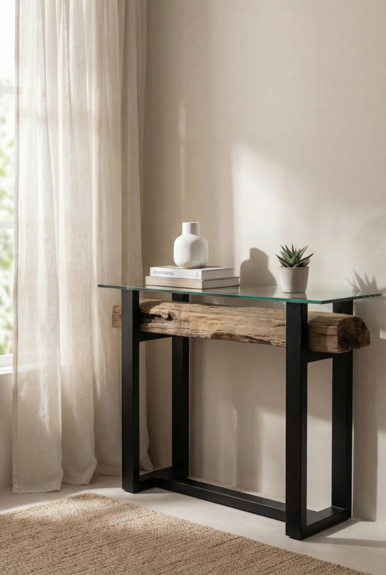 Avelle Railway Wood with Glass Top Console Table